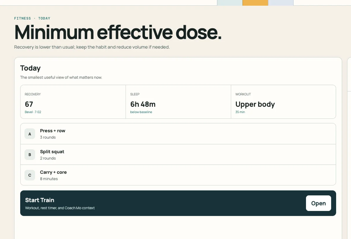 Illustrative Fitness prototype showing Mo's minimum-effective-dose call, today's recovery context, and a concise upper-body workout.
