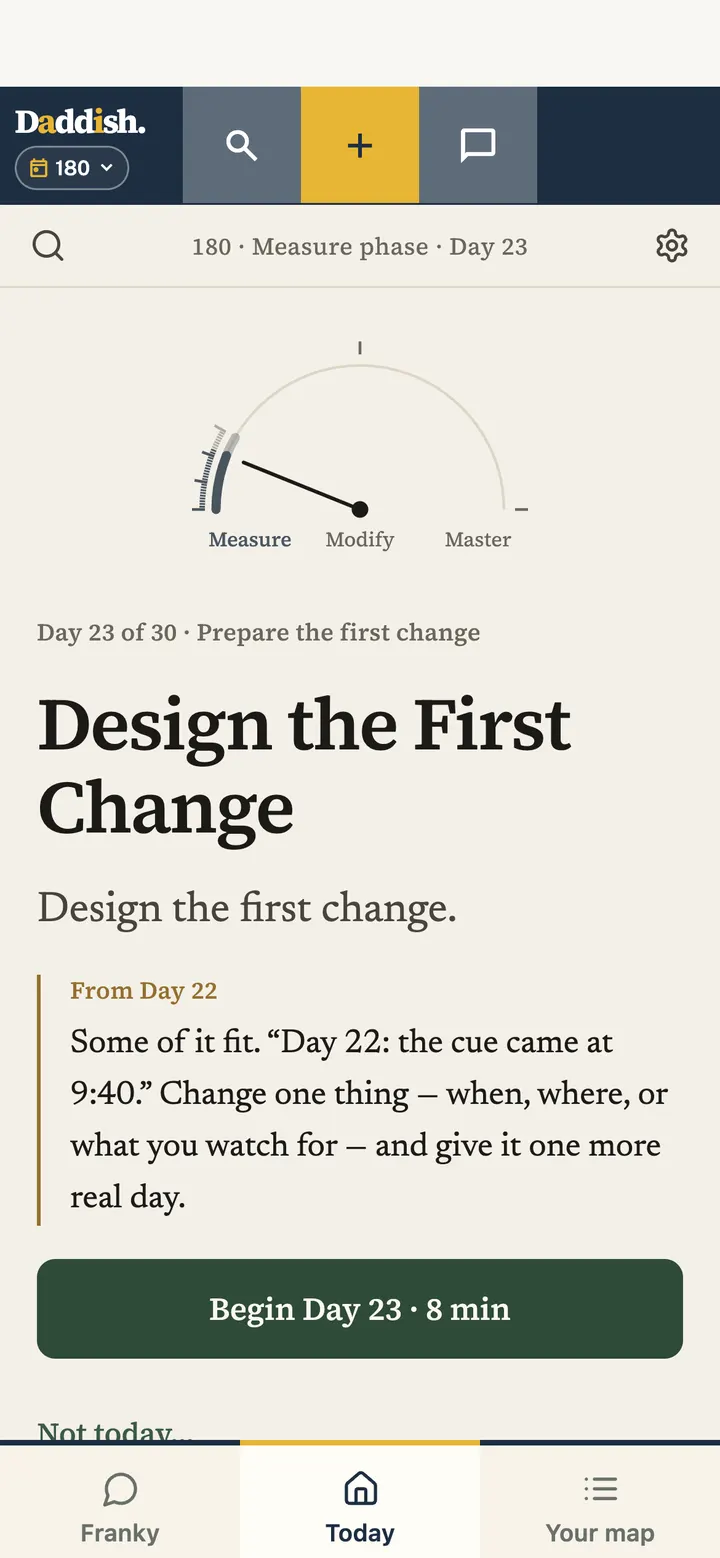 180 in the Daddish app: Day 23 of the Measure phase, with the heading dial and the day’s lesson.