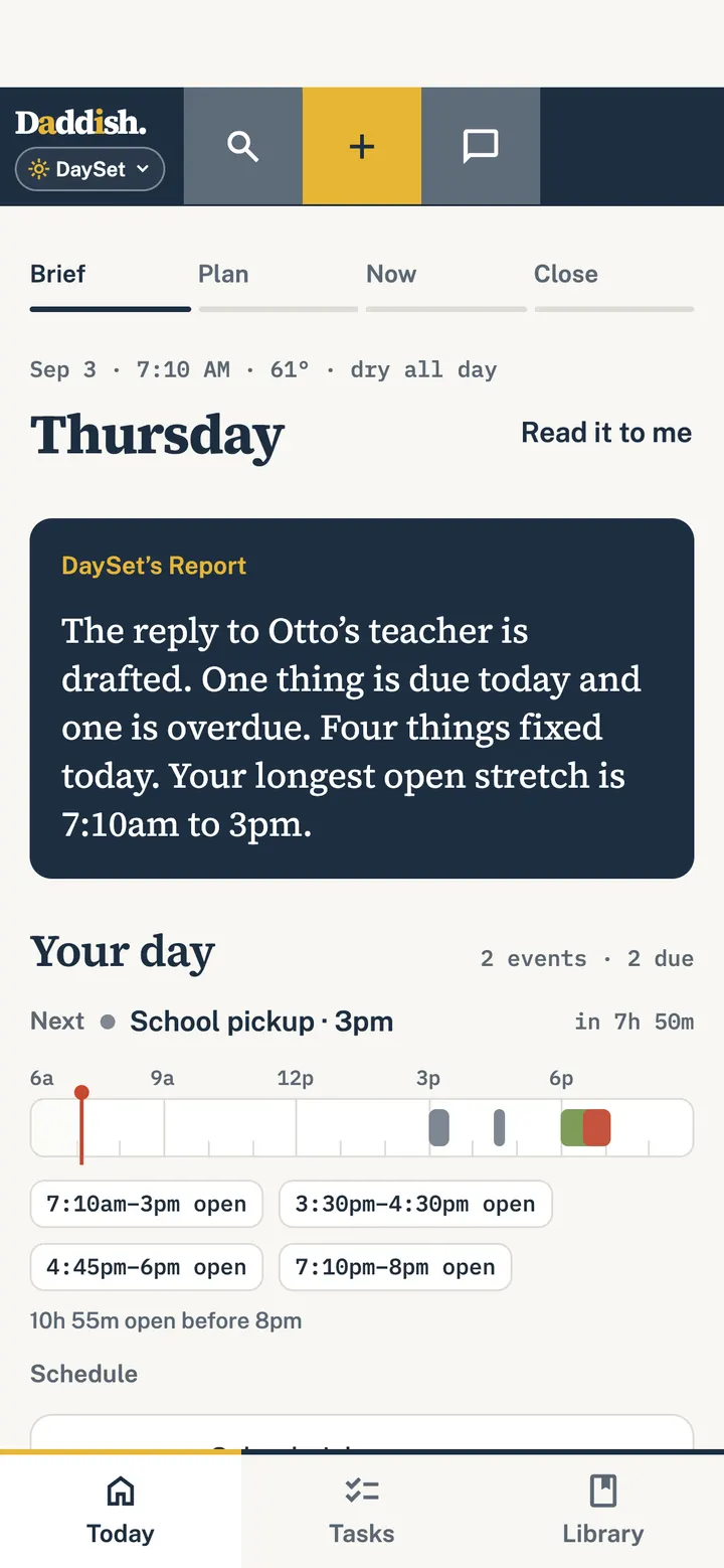 DaySet’s morning Brief on a phone: the date and weather, DaySet’s Report, and the day drawn as one ribbon with its open stretches.