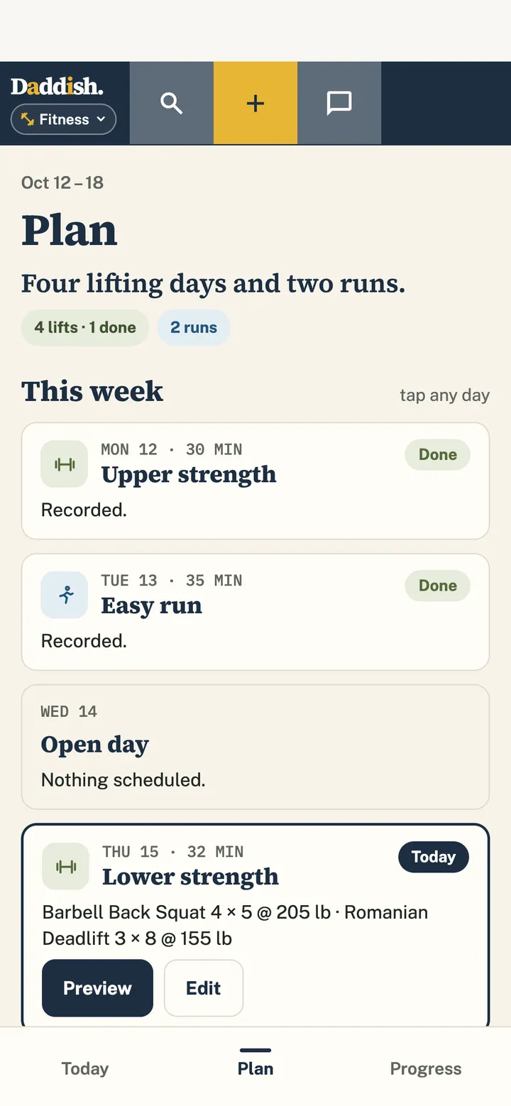 Fitness’s plan for the week: four lifting days and two runs, with the days already done marked.