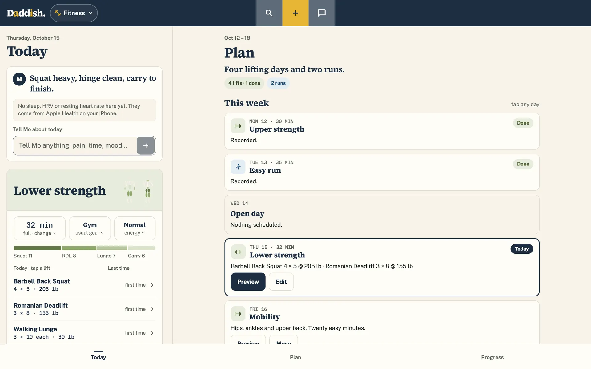 Fitness in the Daddish app on a laptop: today’s lower-body session beside the week’s plan of four lifts and two runs.