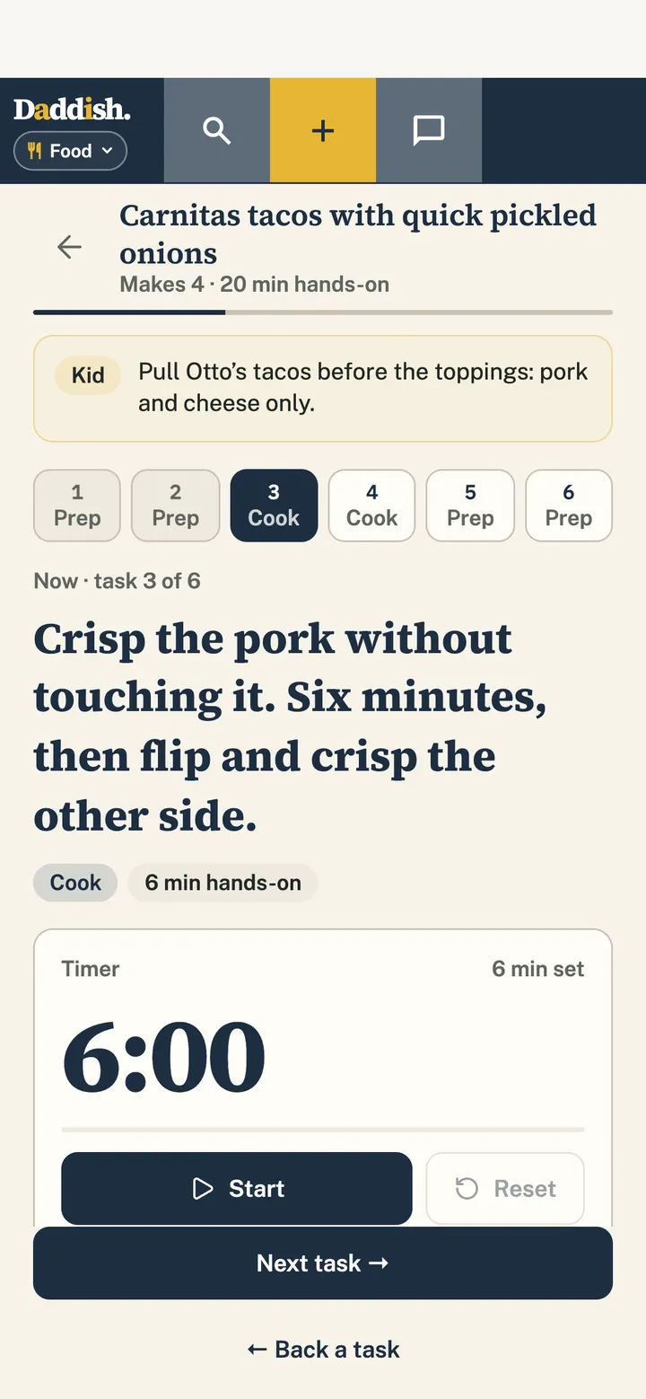 Cook Mode in Food: step 3 of 6, crisp the pork, with a six-minute timer.