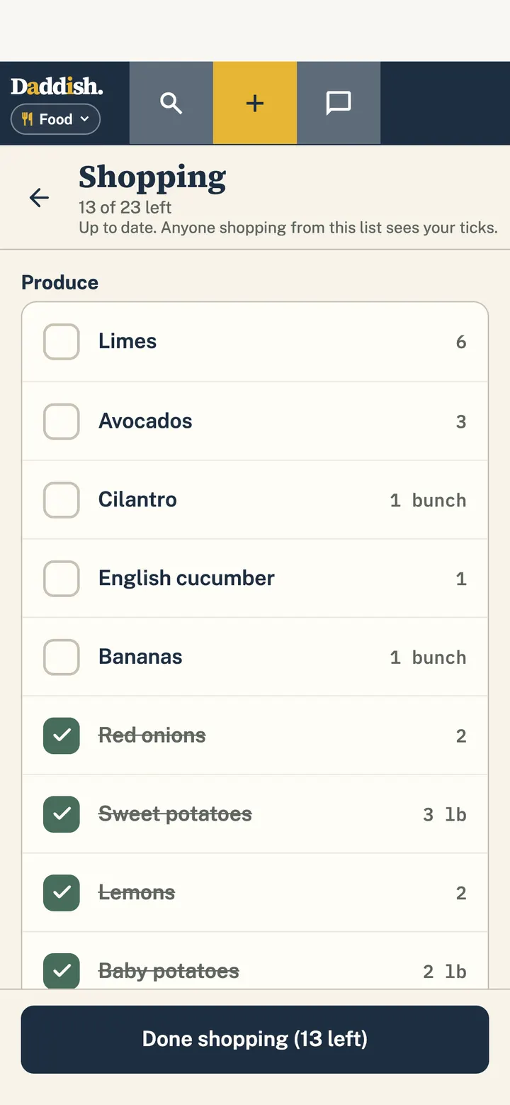 Food’s shared shopping list: 13 of 23 items left, the ticked ones crossed off.