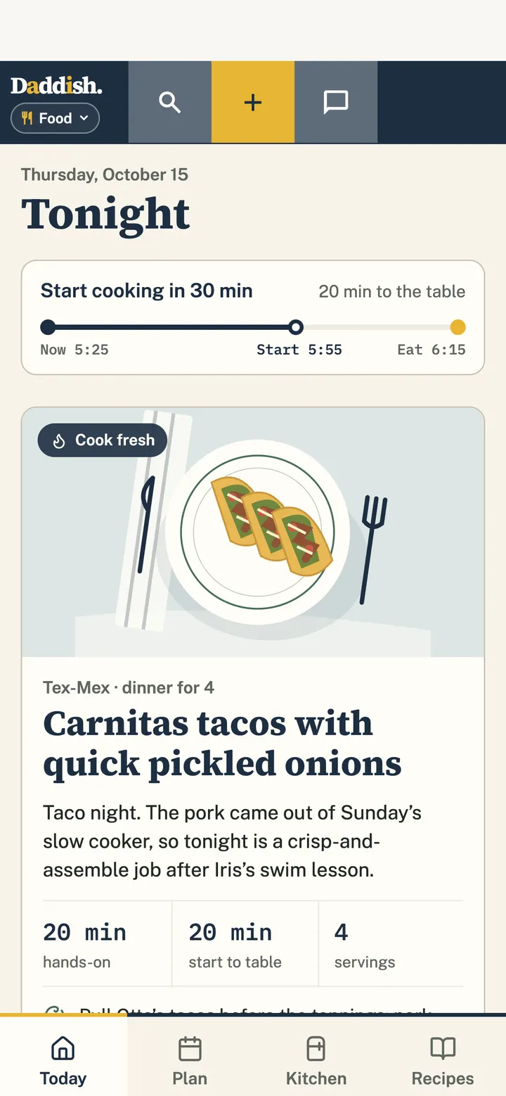 Tonight in Food: carnitas tacos with quick pickled onions, with when to start cooking and when it’s on the table.
