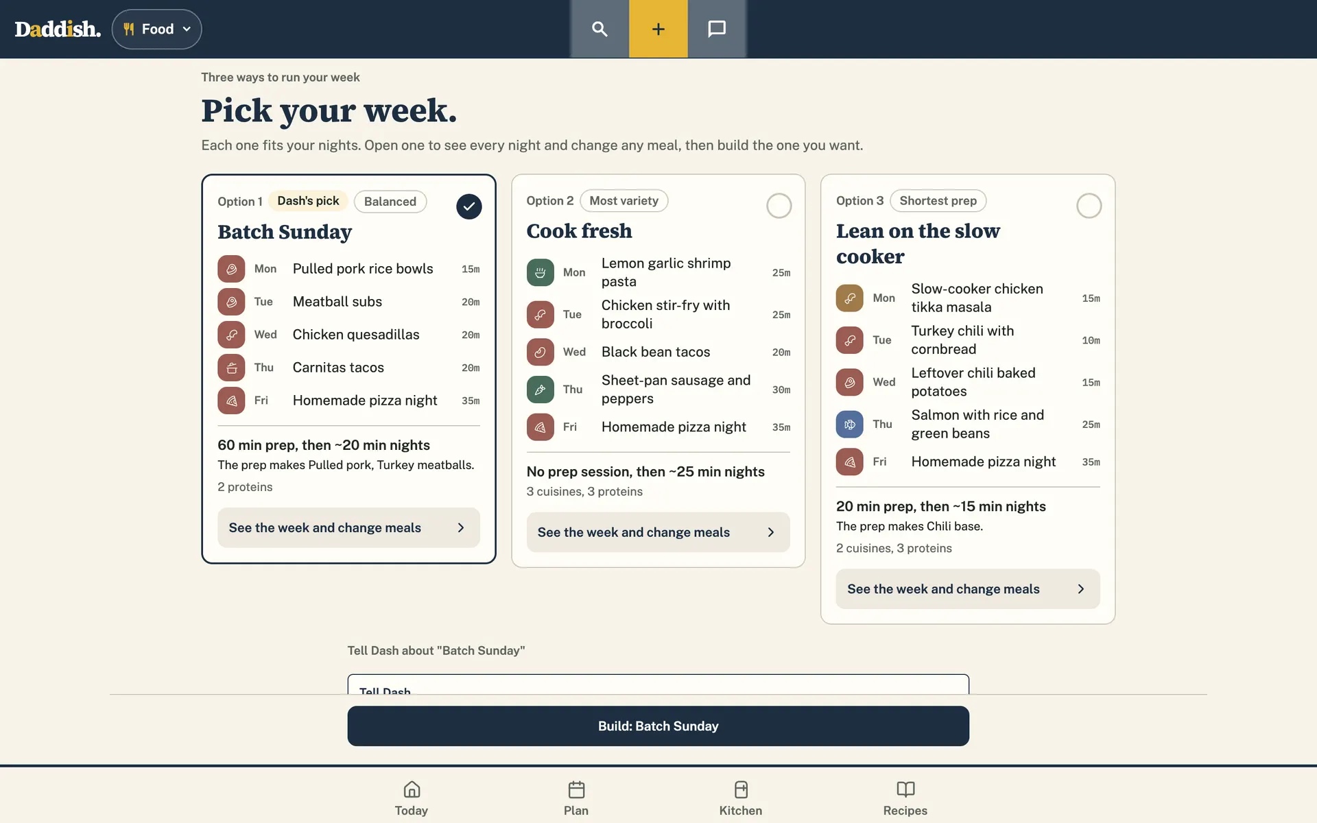 Food in the Daddish app on a laptop: three ways to run the week, side by side, each with five dinners.