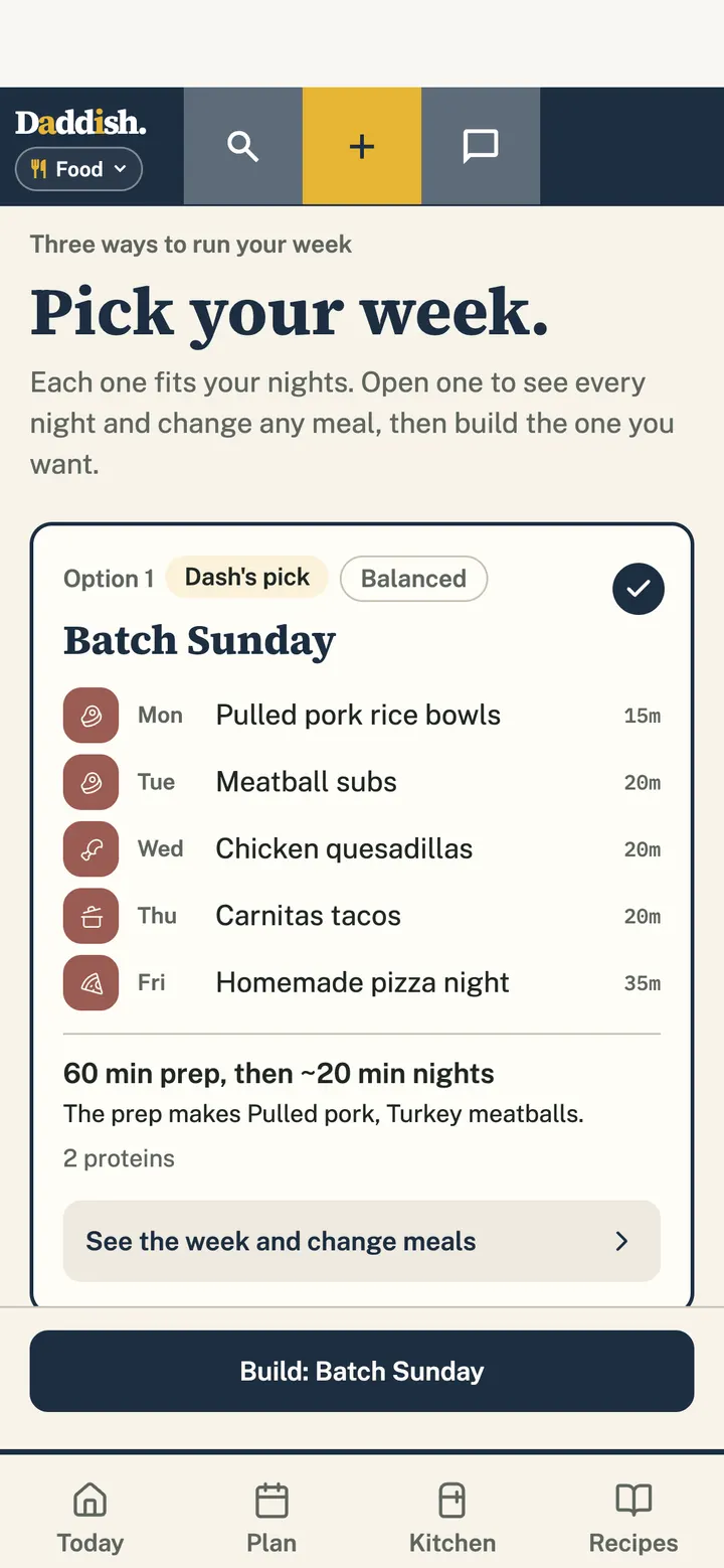 Food’s week options in the Daddish app: Batch Sunday, Dash’s pick, with a dinner for each night from Monday to Friday.