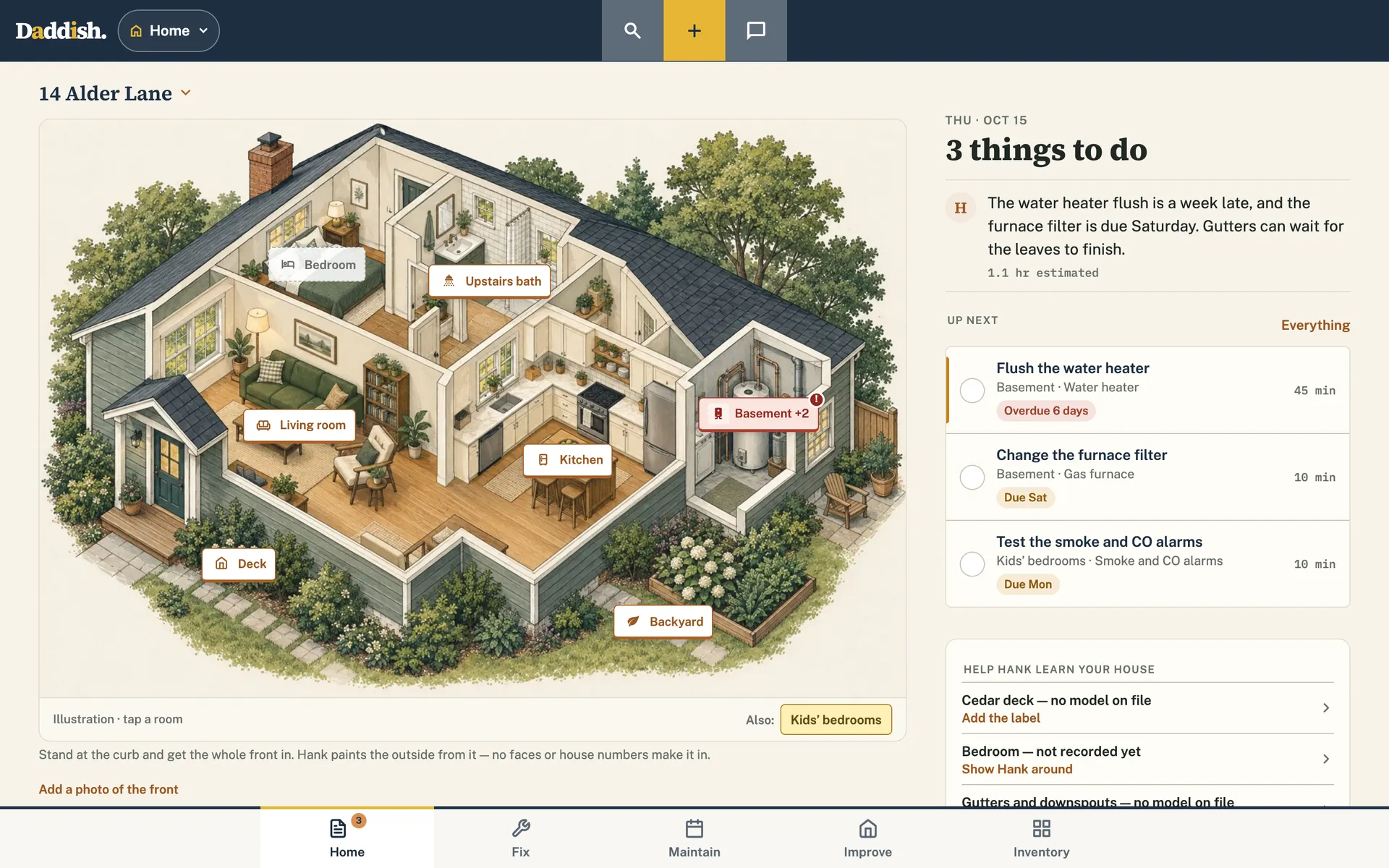 Home in the Daddish app on a laptop: the house drawn room by room, beside this week’s three things to do.