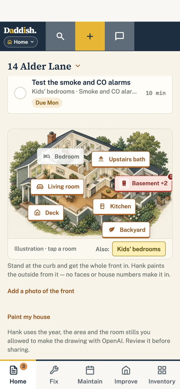Home in the Daddish app: this week’s job at the top, and a drawing of the house with a tag for each room.